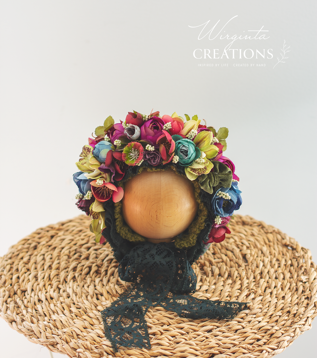 Flower Bonnet for Newborns (0-3 Months) - Photography Headpiece - Dark Green, Burgundy Colour - Photo Prop