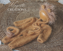 Load image into Gallery viewer, Handmade Lion-Themed Newborn Photography Outfit - Dark Yellow Knitted Footless Romper with Tail and Bonnet - Jungle-Inspired Photo Prop Set