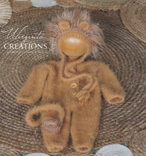 Load image into Gallery viewer, Handmade Lion-Themed Newborn Photography Outfit - Dark Yellow Knitted Footless Romper with Tail and Bonnet - Jungle-Inspired Photo Prop Set