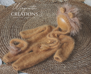 Handmade Lion-Themed Newborn Photography Outfit - Dark Yellow Knitted Footless Romper with Tail and Bonnet - Jungle-Inspired Photo Prop Set