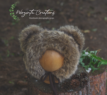 Load image into Gallery viewer, Handmade Tattered Style Teddy Bear Bonnet for 12-24 Months Old - Brown