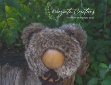 Load image into Gallery viewer, Handmade Tattered Style Teddy Bear Bonnet for 12-24 Months Old - Brown