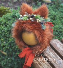 Load image into Gallery viewer, Handmade Tattered Fox Bonnet for Babies &amp; Toddlers | Burnt Orange | Decorated with Faux Fur, Artificial Berries &amp; Greenery | 9-24 Months | Photo Prop