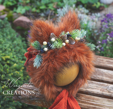 Load image into Gallery viewer, Handmade Tattered Fox Bonnet for Babies &amp; Toddlers | Burnt Orange | Decorated with Faux Fur, Artificial Berries &amp; Greenery | 9-24 Months | Photo Prop