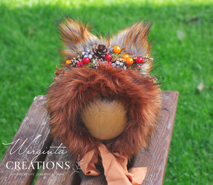 Handmade Tattered Fox Bonnet for Babies & Toddlers | Burnt Orange | Decorated with Faux Fur, Artificial Berries & Greenery | 9-24 Months | Photo Prop
