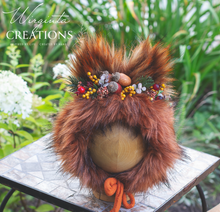 Load image into Gallery viewer, Handmade Tattered Fox Bonnet for Babies &amp; Toddlers | Burnt Orange | Decorated with Faux Fur, Artificial Berries &amp; Greenery | 9-24 Months | Photo Prop
