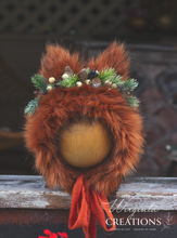 Load image into Gallery viewer, Handmade Tattered Fox Bonnet for Babies &amp; Toddlers | Burnt Orange | Decorated with Faux Fur, Artificial Berries &amp; Greenery | 9-24 Months | Photo Prop