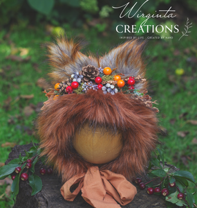 Handmade Tattered Fox Bonnet for Babies & Toddlers | Burnt Orange | Decorated with Faux Fur, Artificial Berries & Greenery | 9-24 Months | Photo Prop