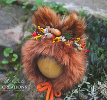 Load image into Gallery viewer, Handmade Tattered Fox Bonnet for Babies &amp; Toddlers | Burnt Orange | Decorated with Faux Fur, Artificial Berries &amp; Greenery | 9-24 Months | Photo Prop