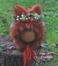 Load image into Gallery viewer, Handmade Tattered Fox Bonnet for Babies &amp; Toddlers | Burnt Orange | Decorated with Faux Fur, Artificial Berries &amp; Greenery | 9-24 Months | Photo Prop
