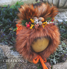 Load image into Gallery viewer, Handmade Tattered Fox Bonnet for Babies &amp; Toddlers | Burnt Orange | Decorated with Faux Fur, Artificial Berries &amp; Greenery | 9-24 Months | Photo Prop