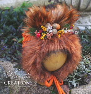 Handmade Tattered Fox Bonnet for Babies & Toddlers | Burnt Orange | Decorated with Faux Fur, Artificial Berries & Greenery | 9-24 Months | Photo Prop