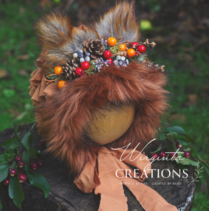 Handmade Tattered Fox Bonnet for Babies & Toddlers | Burnt Orange | Decorated with Faux Fur, Artificial Berries & Greenery | 9-24 Months | Photo Prop