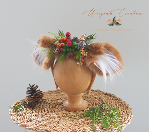 Festive Fawn, Deer, Woodlands Headband - Handmade Christmas Photography Headpiece with Berries & Bits