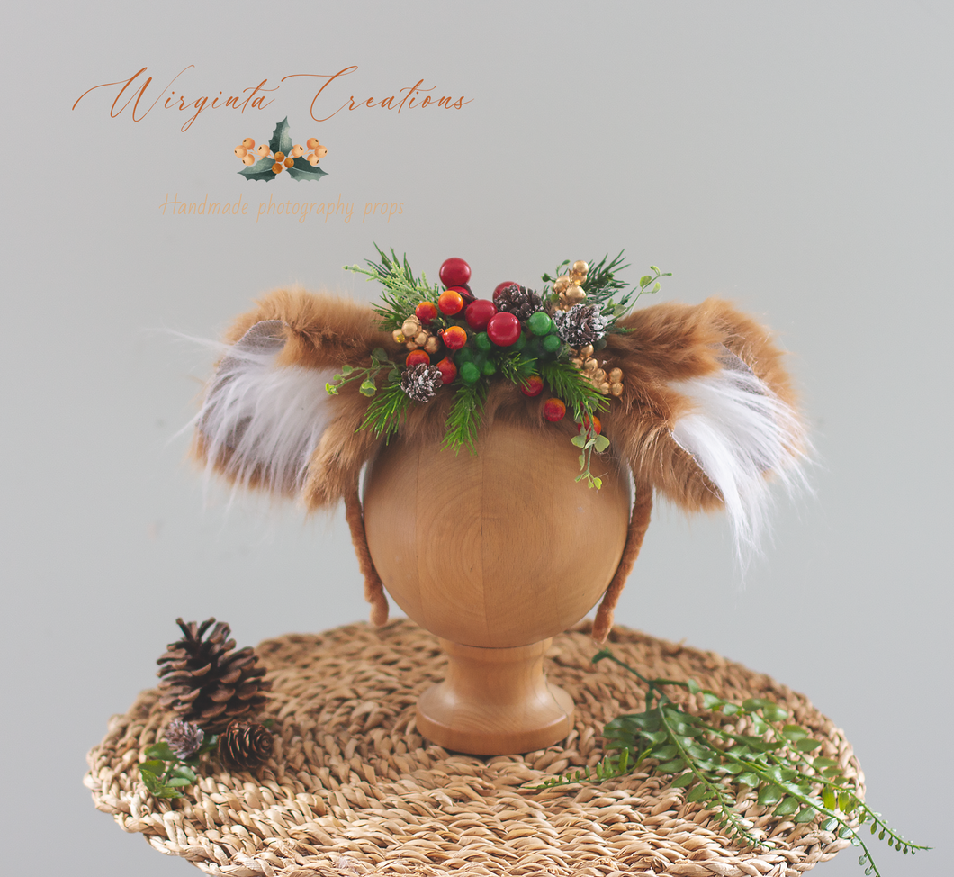Festive Fawn, Deer, Woodlands Headband - Handmade Christmas Photography Headpiece with Berries & Bits