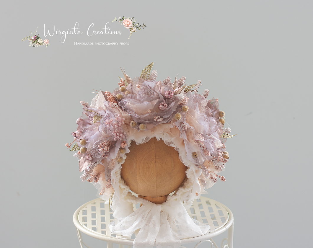Dusty Pink,White, Gold Flower Bonnet for 12-24 Months Old | Photography Prop | Artificial Flower Headpiece