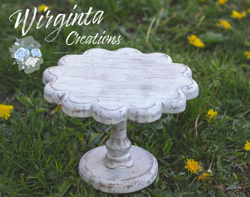 Distressed White Flower-Shaped Wooden Cake Stand. Photography Prop, Home Decor