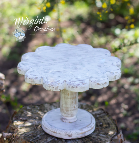 Distressed White Flower-Shaped Wooden Cake Stand. Photography Prop, Home Decor