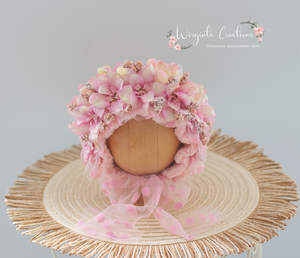 Newborn, 0-3 Months Old Flower Bonnet Photography Prop - Pink