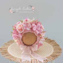 Load image into Gallery viewer, Pink Flower Bonnet for Newborns (0-3 Months) - Photography Headpiece