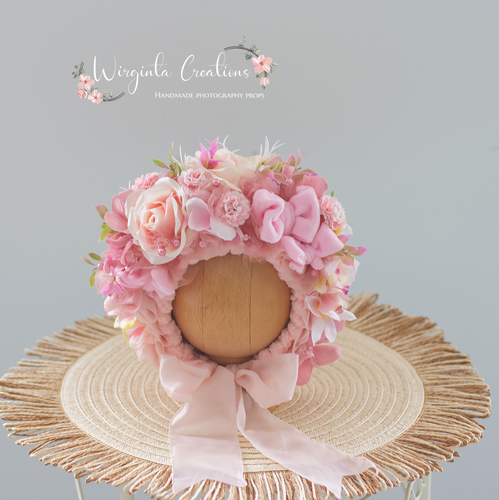 Pink Flower Bonnet for Newborns (0-3 Months) - Photography Headpiece