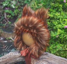 Load image into Gallery viewer, Handmade Tattered/Ruffle Style Baby Fox Bonnet | Burnt Orange | Decorated with Faux Fur | For 9-24 Months | Photo Prop