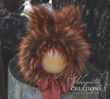 Load image into Gallery viewer, Handmade Tattered/Ruffle Style Baby Fox Bonnet | Burnt Orange | Decorated with Faux Fur | For 9-24 Months | Photo Prop