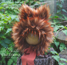 Load image into Gallery viewer, Handmade Tattered/Ruffle Style Baby Fox Bonnet | Burnt Orange | Decorated with Faux Fur | For 9-24 Months | Photo Prop