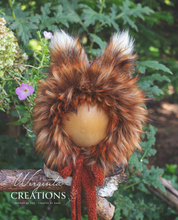 Load image into Gallery viewer, Handmade Tattered/Ruffle Style Baby Fox Bonnet | Burnt Orange | Decorated with Faux Fur | For 9-24 Months | Photo Prop