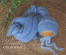 Load image into Gallery viewer, Wrap and Bonnet Set - Newborn - Blue or Grey Colour - Handmade - Fuzzy Yarn - Ready to Send - Photography Prop