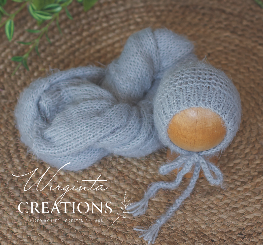 Wrap and Bonnet Set - Newborn - Blue or Grey Colour - Handmade - Fuzzy Yarn - Ready to Send - Photography Prop