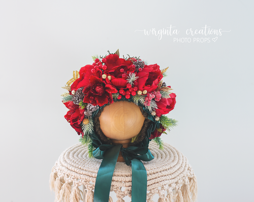Christmas Flower Bonnet for Babies 12-24 Months |Red, Green, Turquoise | Artificial Flower Headpiece for Photography