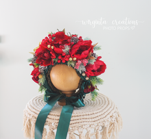 Load image into Gallery viewer, Christmas Flower Bonnet for Babies 12-24 Months |Red, Green, Turquoise | Artificial Flower Headpiece for Photography