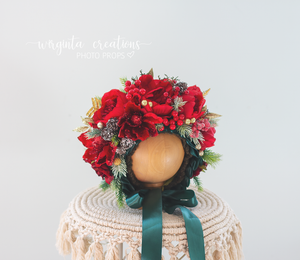 Christmas Flower Bonnet for Babies 12-24 Months |Red, Green, Turquoise | Artificial Flower Headpiece for Photography