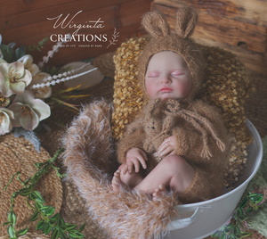 Handmade Newborn Photography Prop Set | Brown Knitted Romper, Bunny Hat and Toy | Easter Photoshoot Accessories