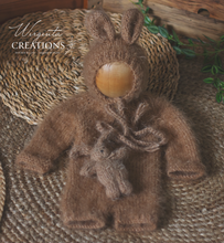 Load image into Gallery viewer, Handmade Newborn Photography Prop Set | Brown Knitted Romper, Bunny Hat and Toy | Easter Photoshoot Accessories