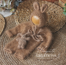 Load image into Gallery viewer, Handmade Newborn Photography Prop Set | Brown Knitted Romper, Bunny Hat and Toy | Easter Photoshoot Accessories