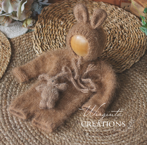 Handmade Newborn Photography Prop Set | Brown Knitted Romper, Bunny Hat and Toy | Easter Photoshoot Accessories