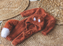 Load image into Gallery viewer, Handmade Fox-Themed Newborn Photography Outfit | Burnt Orange Knitted Romper with Tail and Hat | Woodlands-Inspired Photo Prop Set