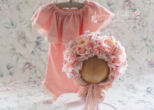 Flower Bonnet and Matching Romper Set for 12-24 Months Old | Pink Colour | Glittery, Sparkly Fabric | Photography Prop Outfit | Handmade