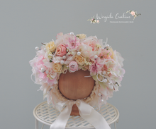 Load image into Gallery viewer, Handmade Flower Bonnet for Babies 12-24 Months | Pastel colours | Artificial Flower Headpiece for Photography