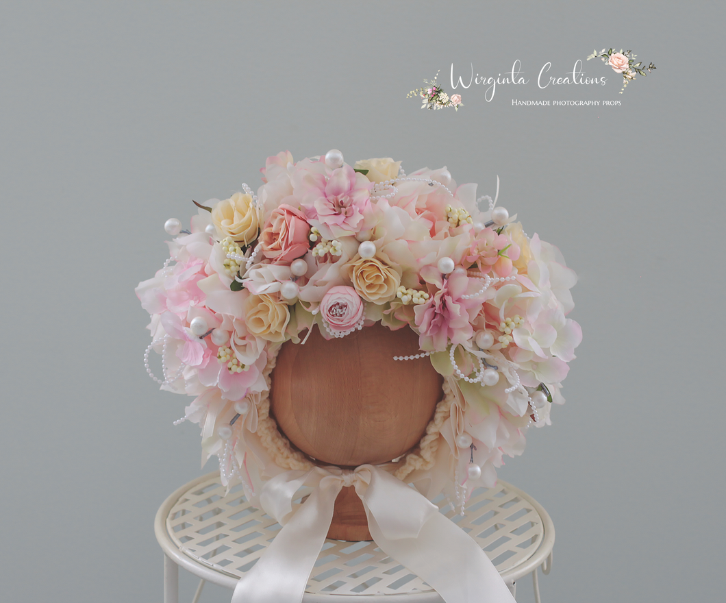 Handmade Flower Bonnet for Babies 12-24 Months | Pastel colours | Artificial Flower Headpiece for Photography