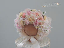 Load image into Gallery viewer, Handmade Flower Bonnet for Babies 12-24 Months | Pastel colours | Artificial Flower Headpiece for Photography