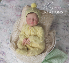 Load image into Gallery viewer, Handmade Mohair Newborn Photography Prop Set | Light Yellow Romper &amp; Hat | Knitted Photo Props