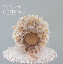 Load image into Gallery viewer, Flower Bonnet for 12-24 Months - Cream, Beige Colour - Handmade - Artificial Flower Headpiece - Photo Prop