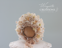 Load image into Gallery viewer, Flower Bonnet for 12-24 Months - Cream, Beige Colour - Handmade - Artificial Flower Headpiece - Photo Prop