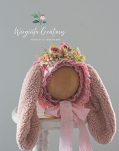 Load image into Gallery viewer, Tattered Bunny Bonnet for 12-24 Months Old | Floral Fabric | Floppy Ears | Pink Colour | Photography Prop | Handmade Headpiece