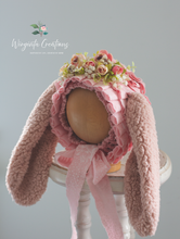 Load image into Gallery viewer, Tattered Bunny Bonnet for 12-24 Months Old | Floral Fabric | Floppy Ears | Pink Colour | Photography Prop | Handmade Headpiece