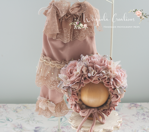 Flower Bonnet and Matching Outfit Set for 12-24 Months Old | Beige Colour | Boho, Lace Style | Photography Prop Outfit | Handmade