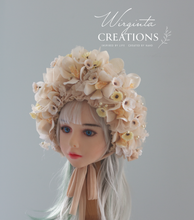 Load image into Gallery viewer, Flower Bonnet for 12-24 Months - Cream, Beige Colour - Handmade - Artificial Flower Headpiece - Photo Prop